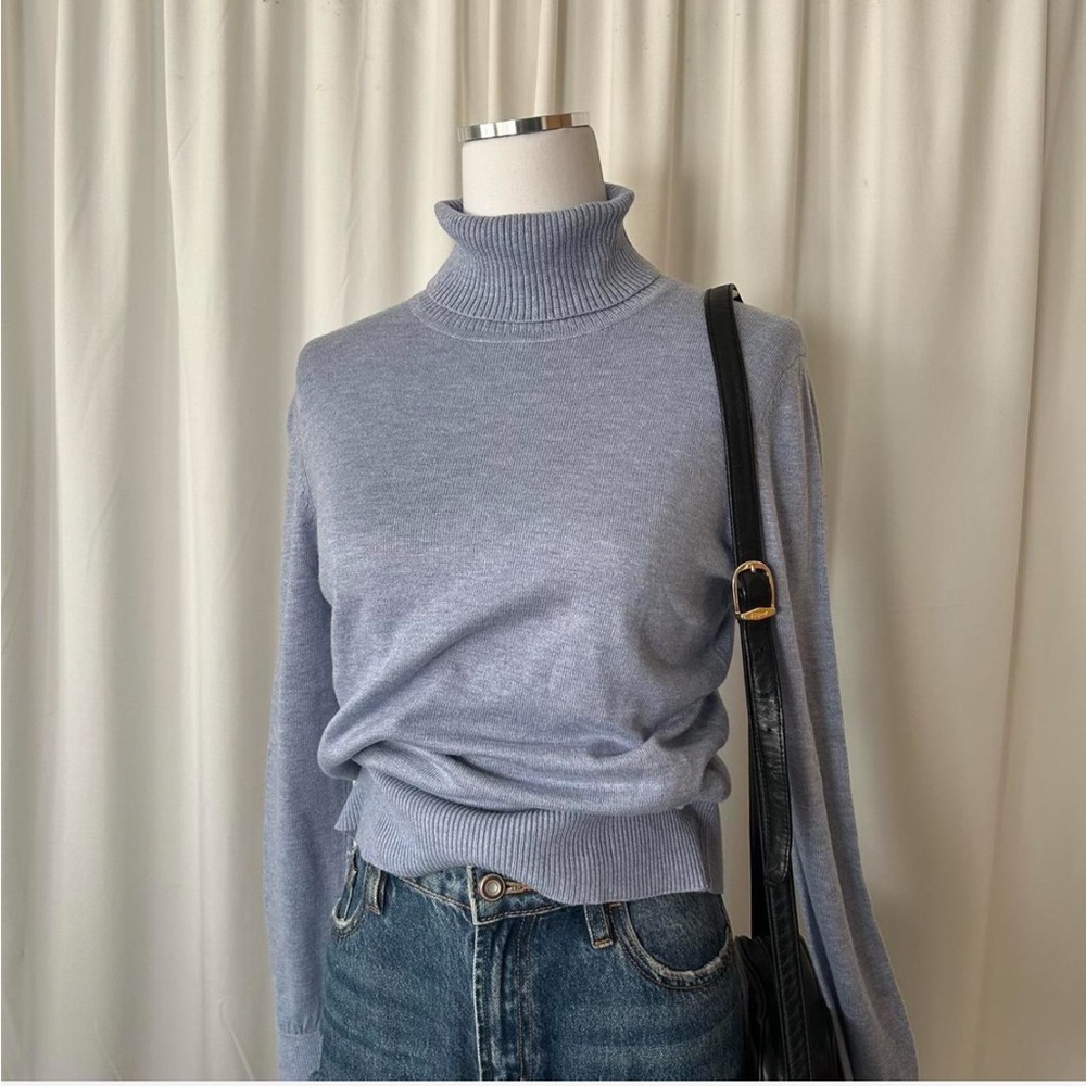 Jeanne Pierre Cashmere blend Ribbed turtleneck Sweater Blue Small. - Picture 5 of 8